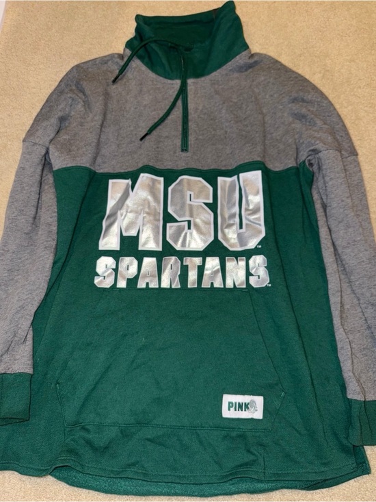 PINK Victoria's Secret Tops - PINK Victoria's Secret Green and Gray MSU Spartans Quarter-Zip Pullover